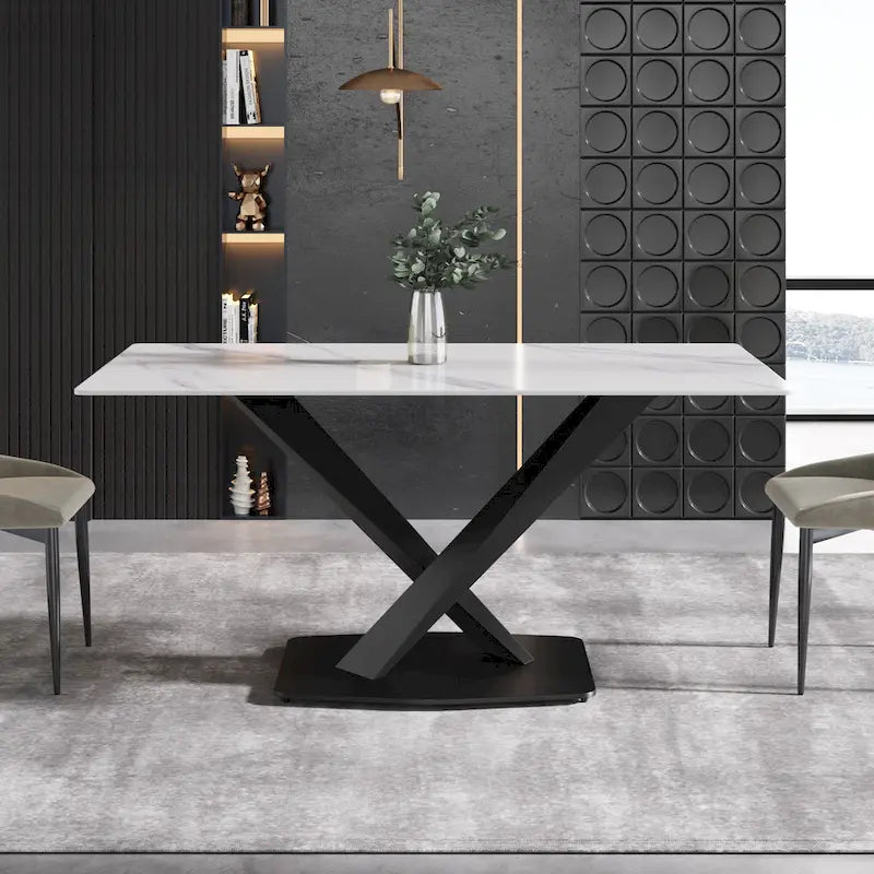63Modern Dining Table, Tavolo da pranzo con piano in pietra sinterizzata bianca e base in acciaio Moran Violet - N/A
