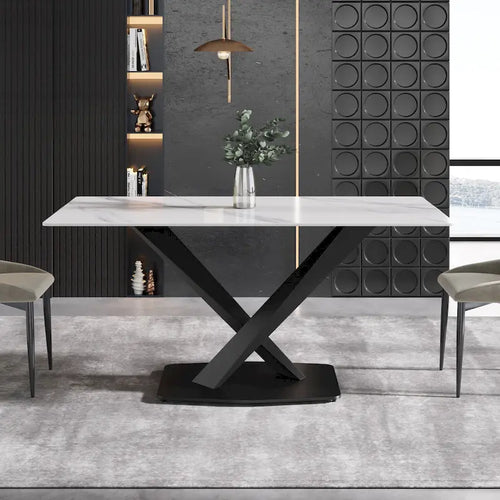 63Modern Dining Table, Tavolo da pranzo con piano in pietra sinterizzata bianca e base in acciaio Moran Violet - N/A
