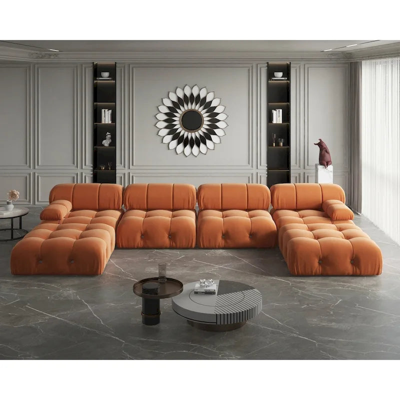 Divano componibile moderno a U in velluto a 6 posti con chaise longue extra-large per soggiorno