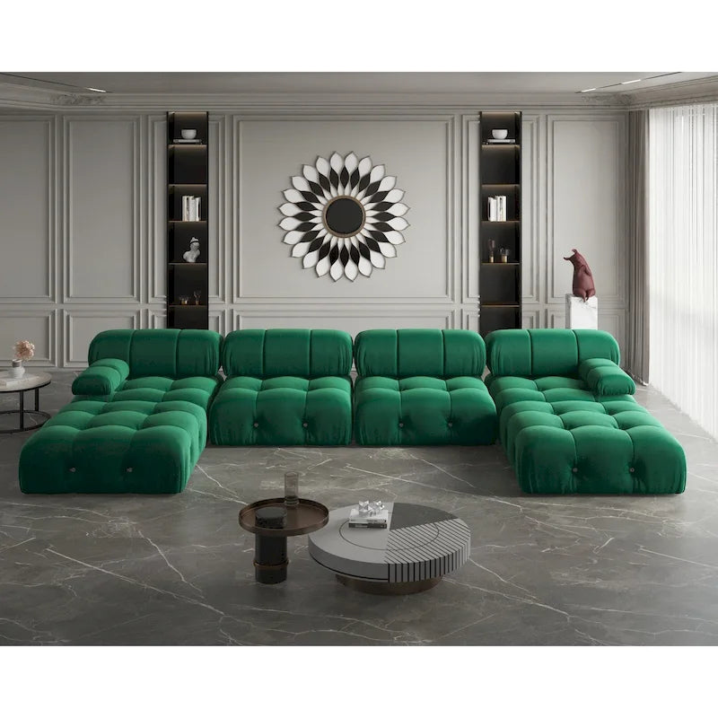 Divano componibile moderno a U in velluto a 6 posti con chaise longue extra-large per soggiorno