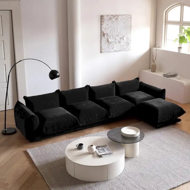 Divano Sezionale Moderno in Ciniglia Nera, Comodo Divano Modulare con Pouf