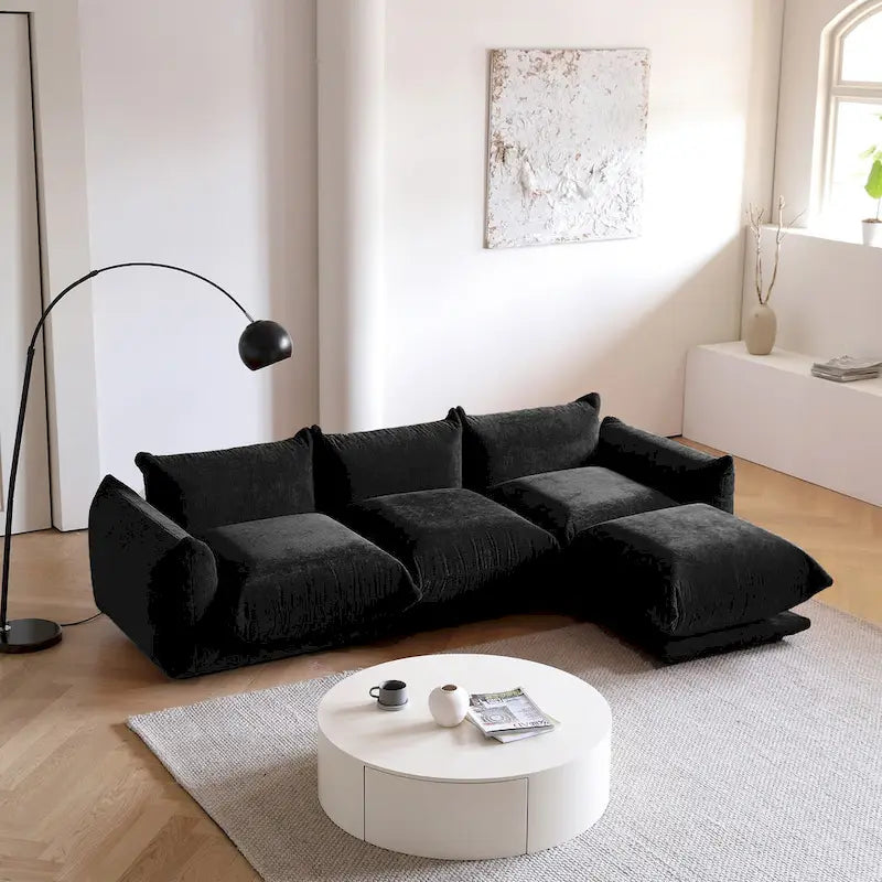 Divano Sezionale Moderno in Ciniglia Nera, Comodo Divano Modulare con Pouf