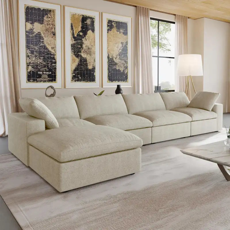 160.6 Divano Sezionale Moderno in Lino Divano Modulare a 4 Posti con Pouf Contenitore per Soggiorno.