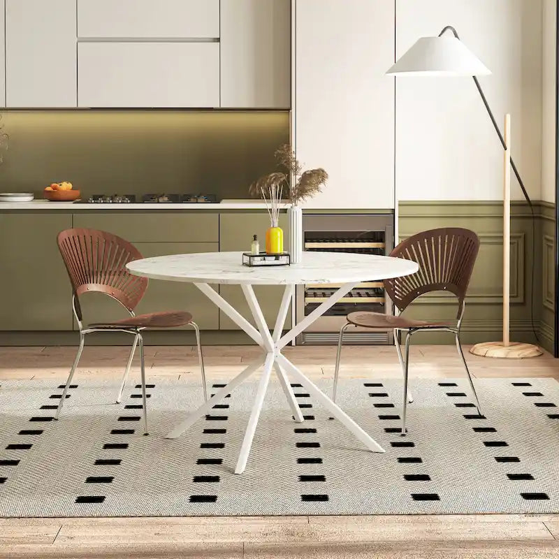 Tavolo da pranzo rotondo moderno con gambe incrociate, piano rimovibile in due pezzi