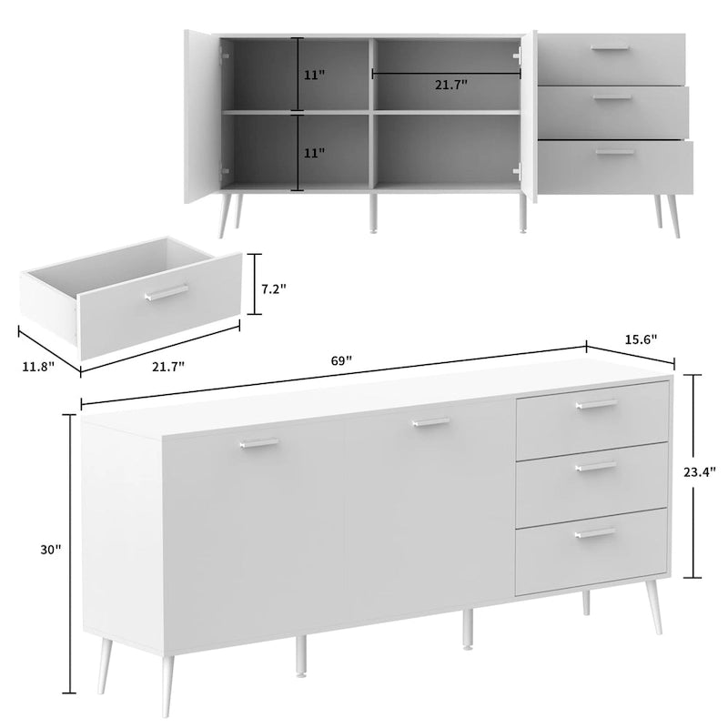 Credenza a Buffet con 3 Cassetti e 2 Ante, Espresso/Bianco