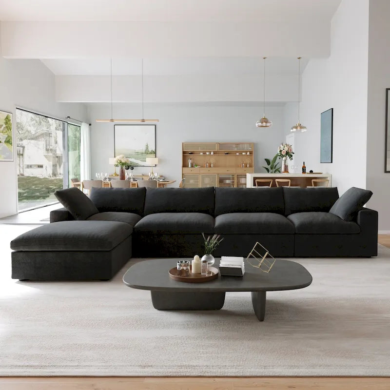 Divano componibile overstuffed Commix nero imbottito in piuma con pouf