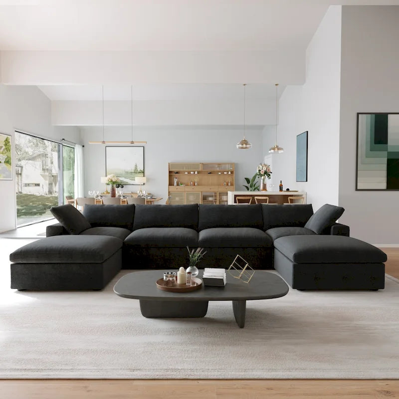 Divano componibile overstuffed Commix nero imbottito in piuma con pouf