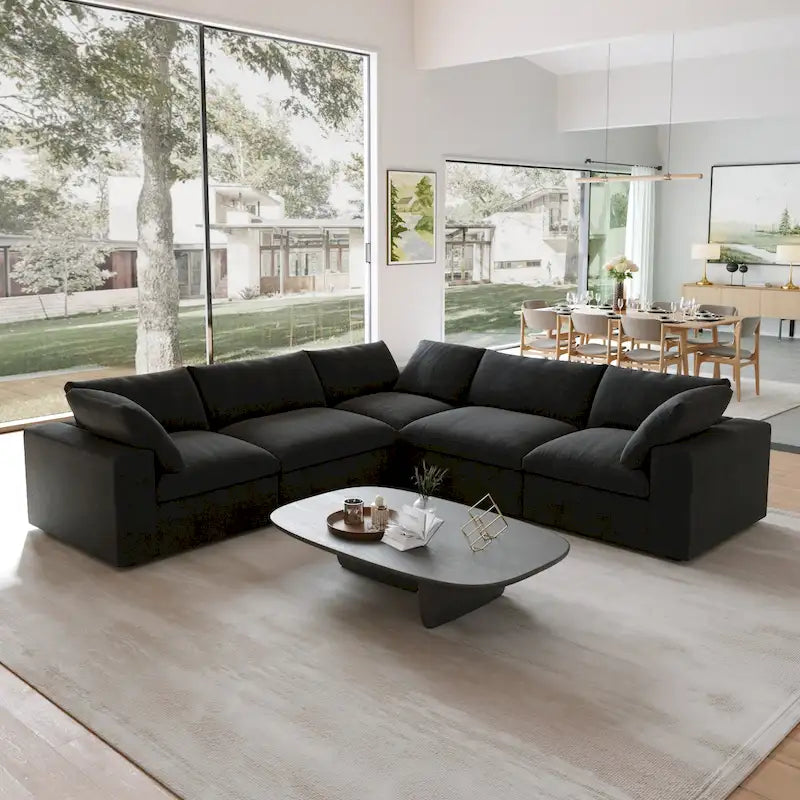 Divano componibile overstuffed Commix nero imbottito in piuma con pouf