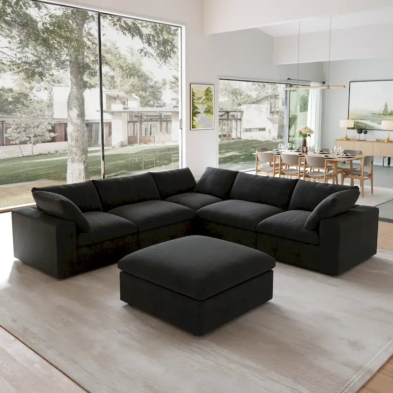 Divano componibile overstuffed Commix nero imbottito in piuma con pouf
