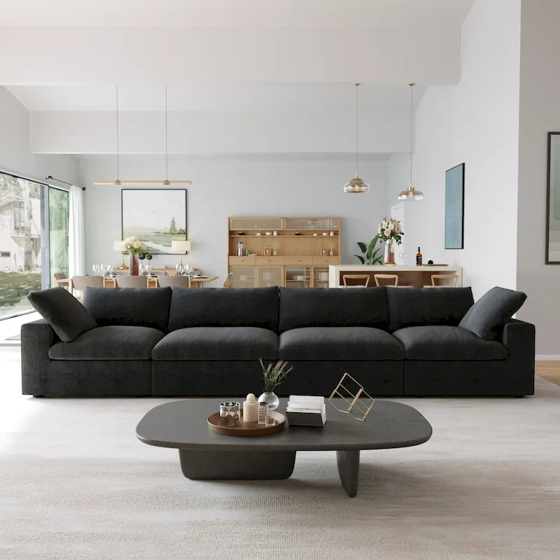 Divano componibile overstuffed Commix nero imbottito in piuma con pouf
