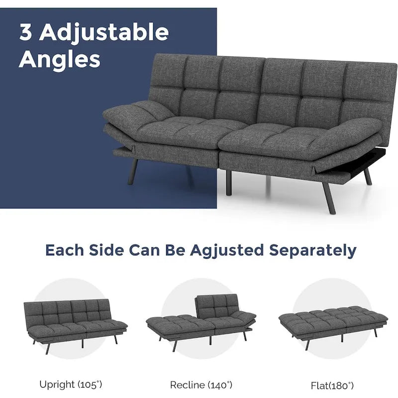 Divano Letto Futon, Divano Pieghevole in Memory Foam Convertibile per Due Posti Letto con Braccioli Regolabili per Piccoli Spazi