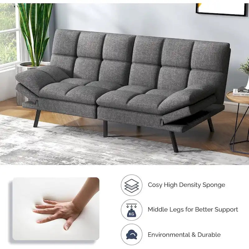 Divano Letto Futon, Divano Pieghevole in Memory Foam Convertibile per Due Posti Letto con Braccioli Regolabili per Piccoli Spazi