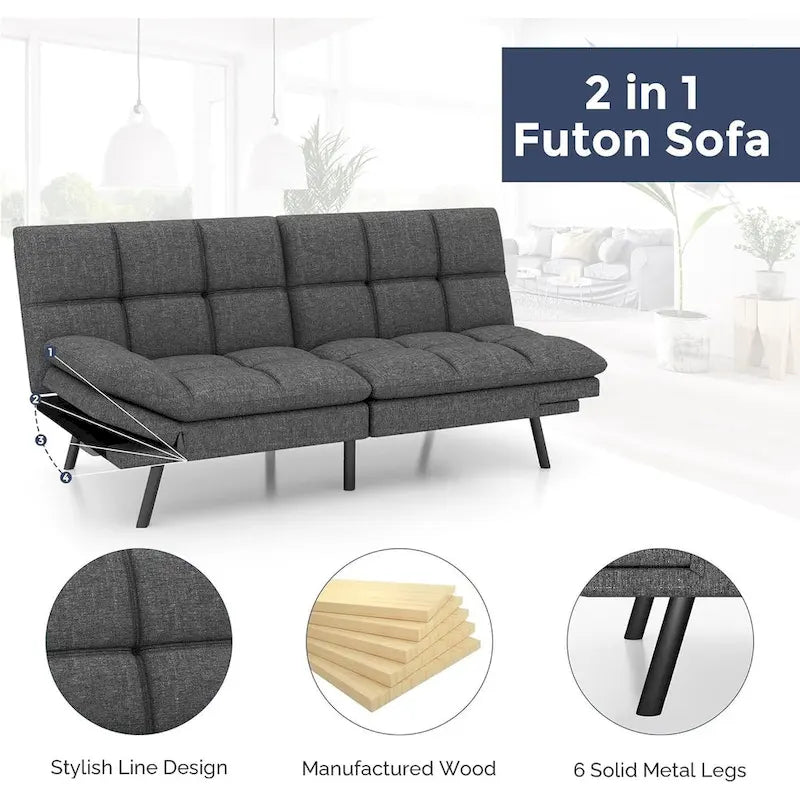 Divano Letto Futon, Divano Pieghevole in Memory Foam Convertibile per Due Posti Letto con Braccioli Regolabili per Piccoli Spazi