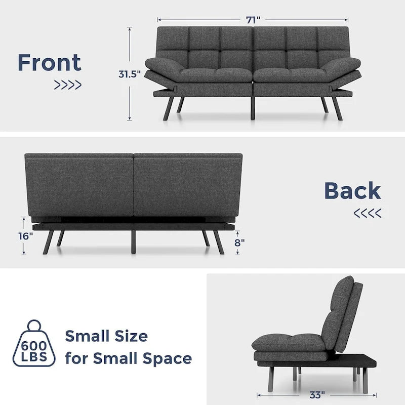 Divano Letto Futon, Divano Pieghevole in Memory Foam Convertibile per Due Posti Letto con Braccioli Regolabili per Piccoli Spazi