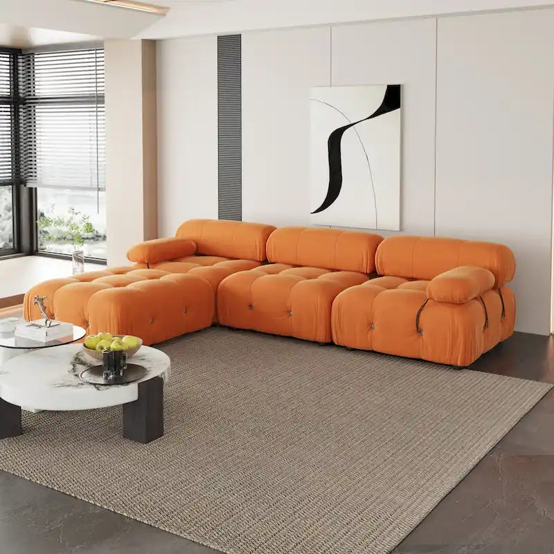 Divano Sezionale a L in Velluto con Pouf Contenitore