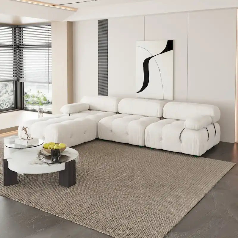 Divano Sezionale a L in Velluto con Pouf Contenitore