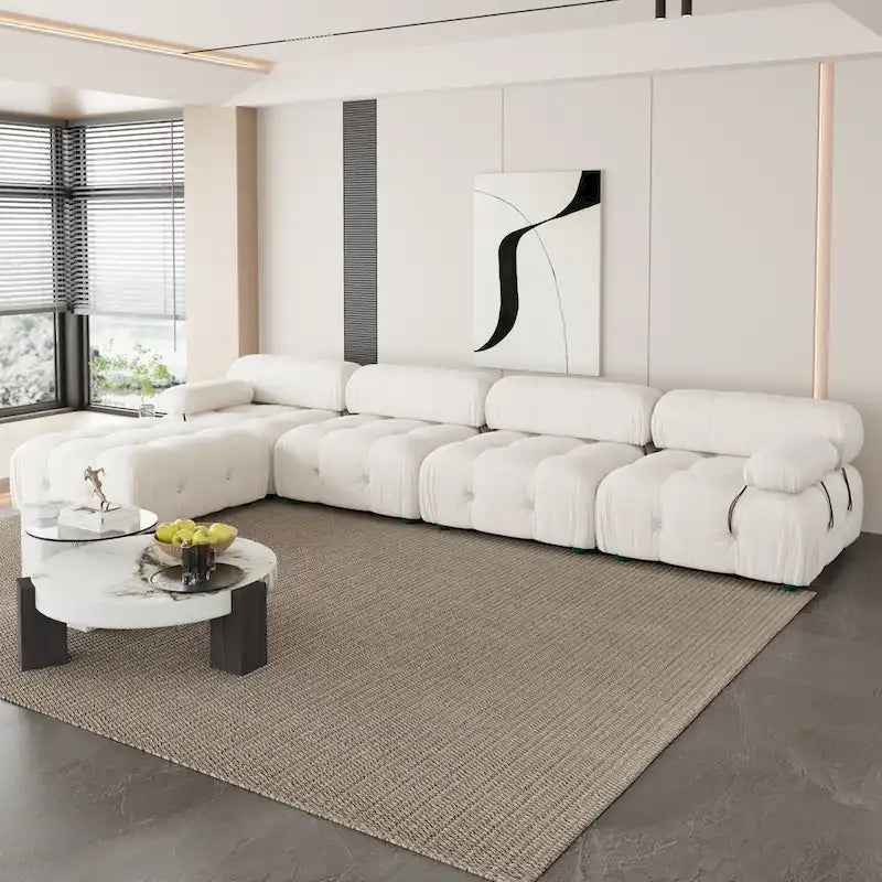 Divano Sezionale a L in Velluto con Pouf Contenitore
