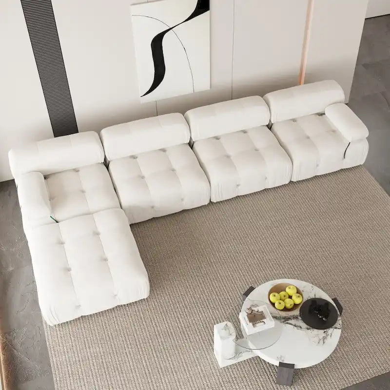 Divano Sezionale a L in Velluto con Pouf Contenitore