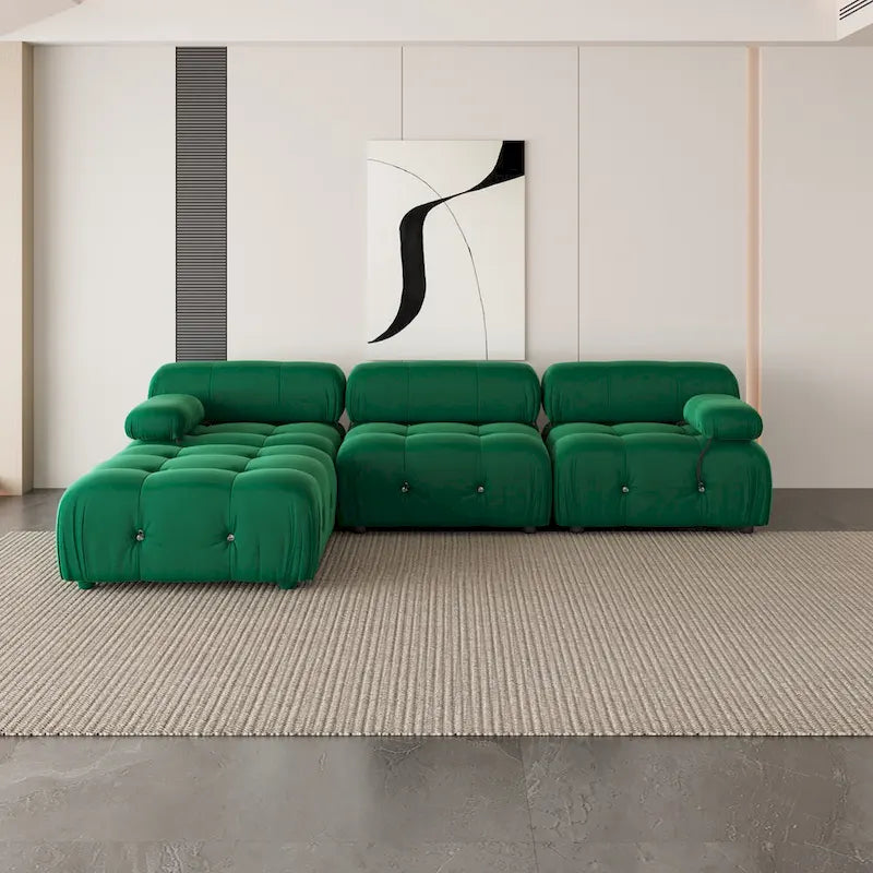 Divano Sezionale a L in Velluto con Pouf Contenitore