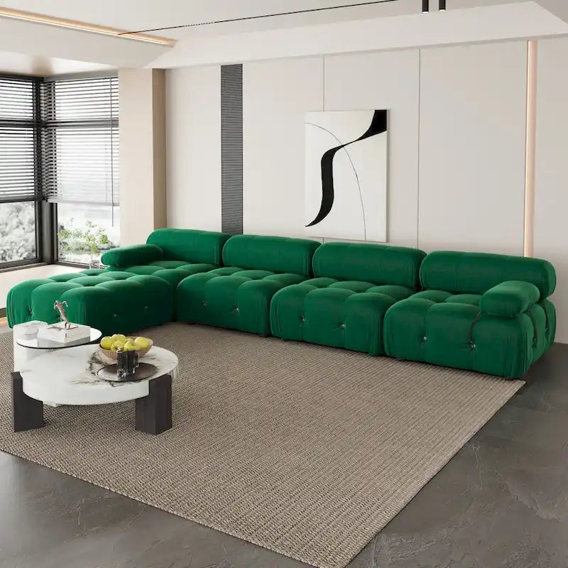 Divano Sezionale a L in Velluto con Pouf Contenitore