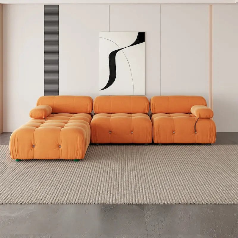 Divano Sezionale a L in Velluto con Pouf Contenitore