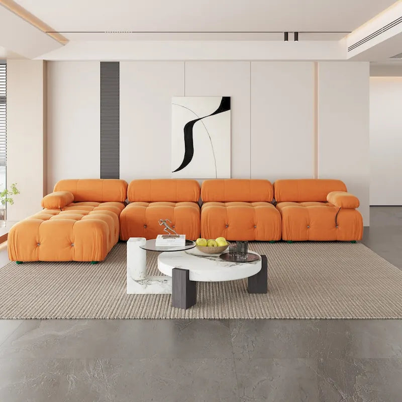 Divano Sezionale a L in Velluto con Pouf Contenitore