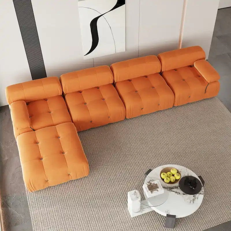 Divano Sezionale a L in Velluto con Pouf Contenitore