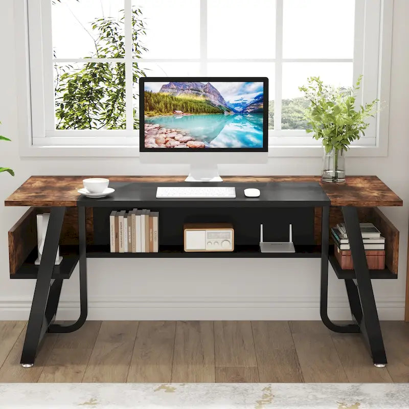 Scrivania per Computer da 160 cm con Ripiani Inferiori, Grande Scrivania Direzionale