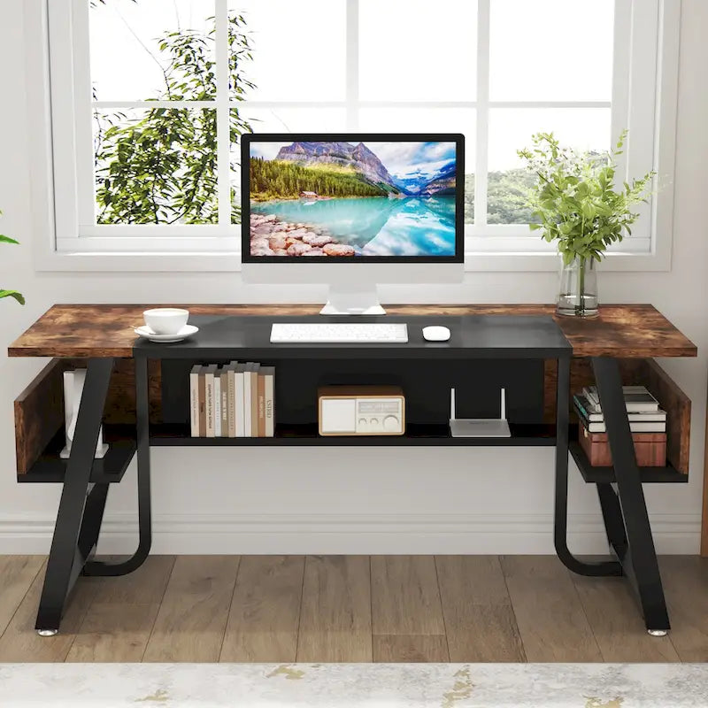 Scrivania per Computer da 160 cm con Ripiani Inferiori, Grande Scrivania Direzionale