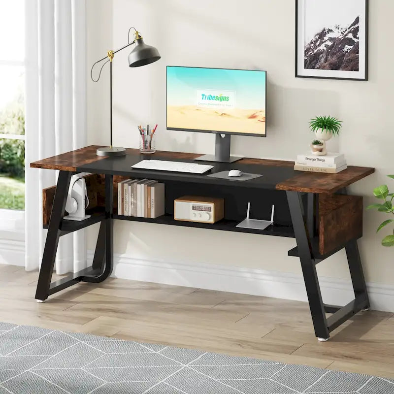 Scrivania per Computer da 160 cm con Ripiani Inferiori, Grande Scrivania Direzionale