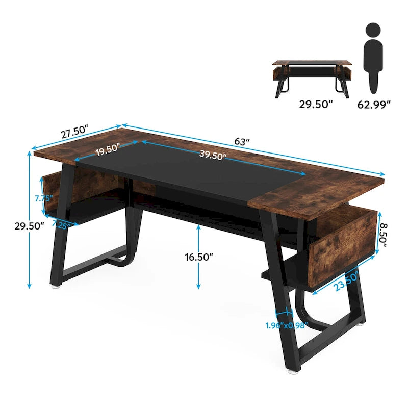 Scrivania per Computer da 160 cm con Ripiani Inferiori, Grande Scrivania Direzionale