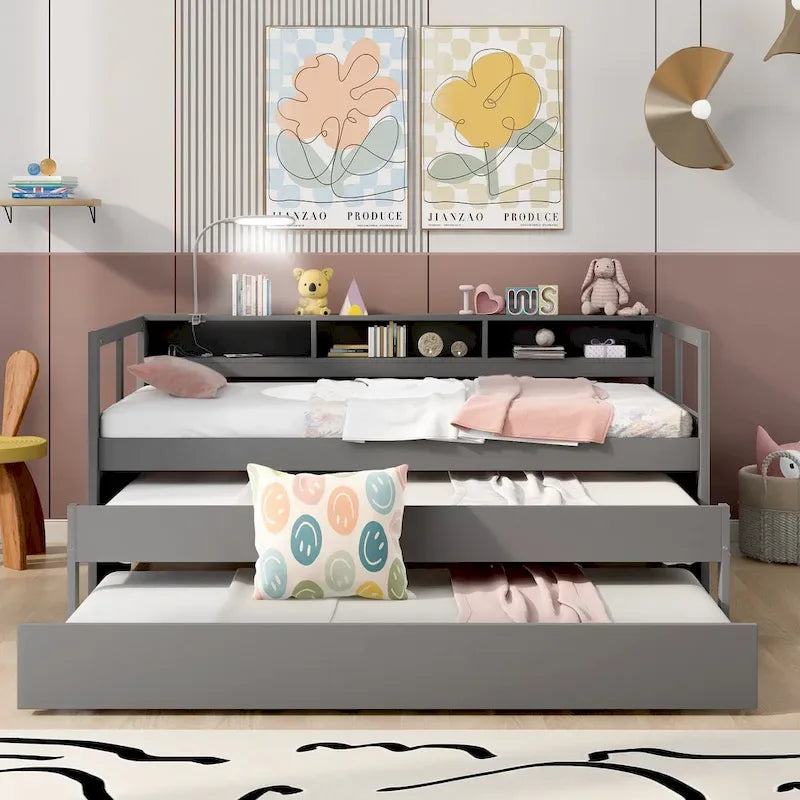 Daybed in legno Twin XL con 2 letti estraibili, 3 vani portaoggetti, 1 luce gratuita e design per la ricarica USB, grigio