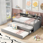 Daybed in legno Twin XL con 2 letti estraibili, 3 vani portaoggetti, 1 luce gratuita e design per la ricarica USB, grigio