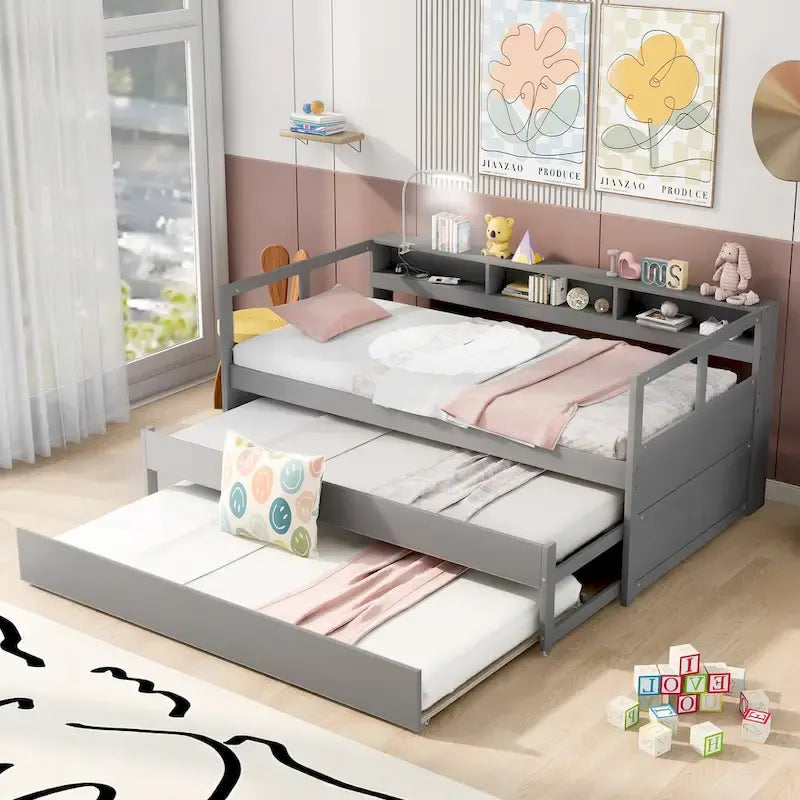 Daybed in legno Twin XL con 2 letti estraibili, 3 vani portaoggetti, 1 luce gratuita e design per la ricarica USB, grigio