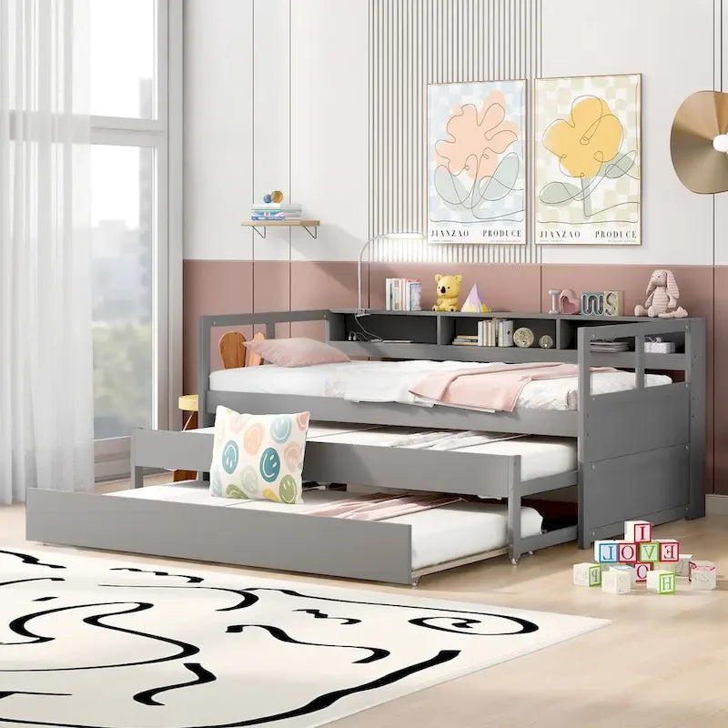 Daybed in legno Twin XL con 2 letti estraibili, 3 vani portaoggetti, 1 luce gratuita e design per la ricarica USB, grigio