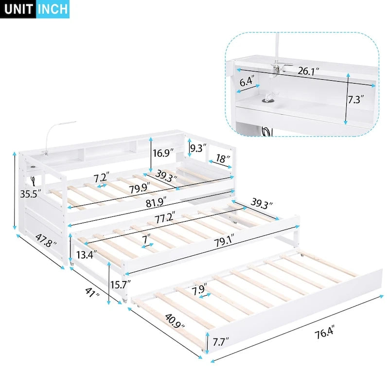 Daybed in legno Twin XL con 2 letti estraibili, 3 vani portaoggetti, 1 luce gratuita e design per la ricarica USB, grigio