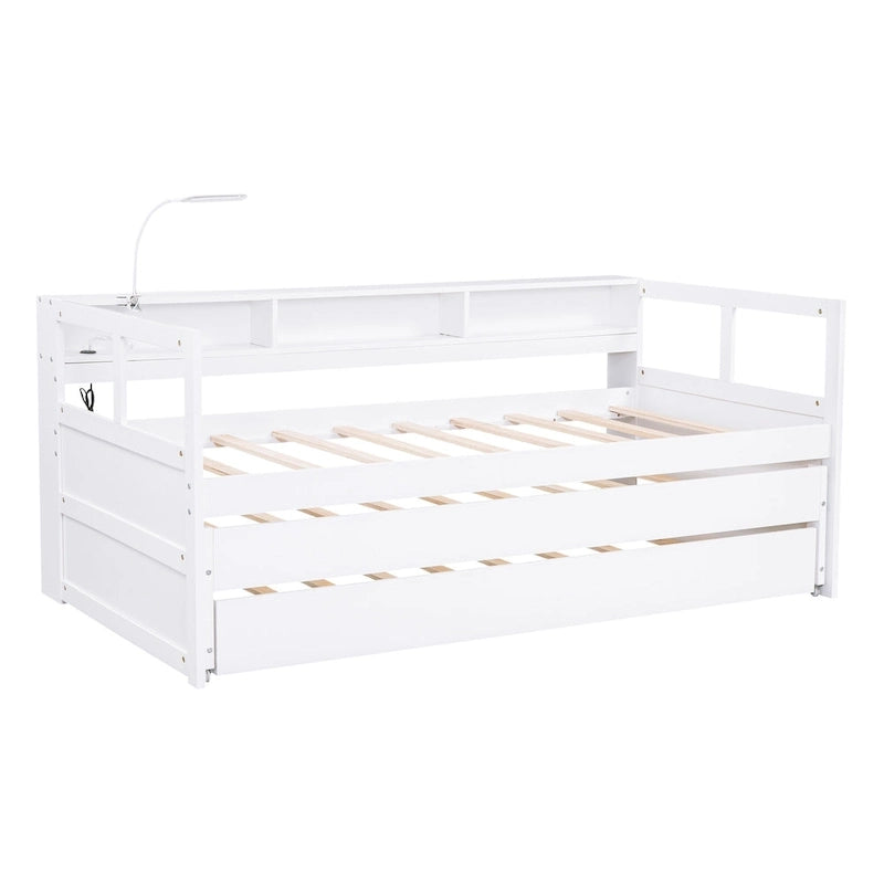 Daybed in legno Twin XL con 2 letti estraibili, 3 vani portaoggetti, 1 luce gratuita e design per la ricarica USB, grigio
