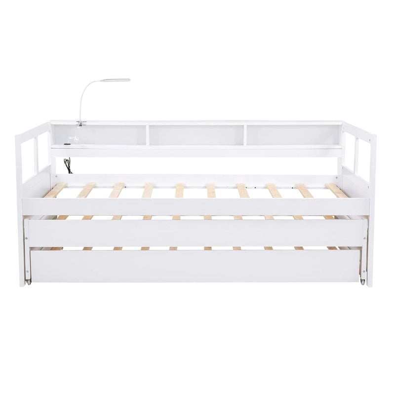 Daybed in legno Twin XL con 2 letti estraibili, 3 vani portaoggetti, 1 luce gratuita e design per la ricarica USB, grigio