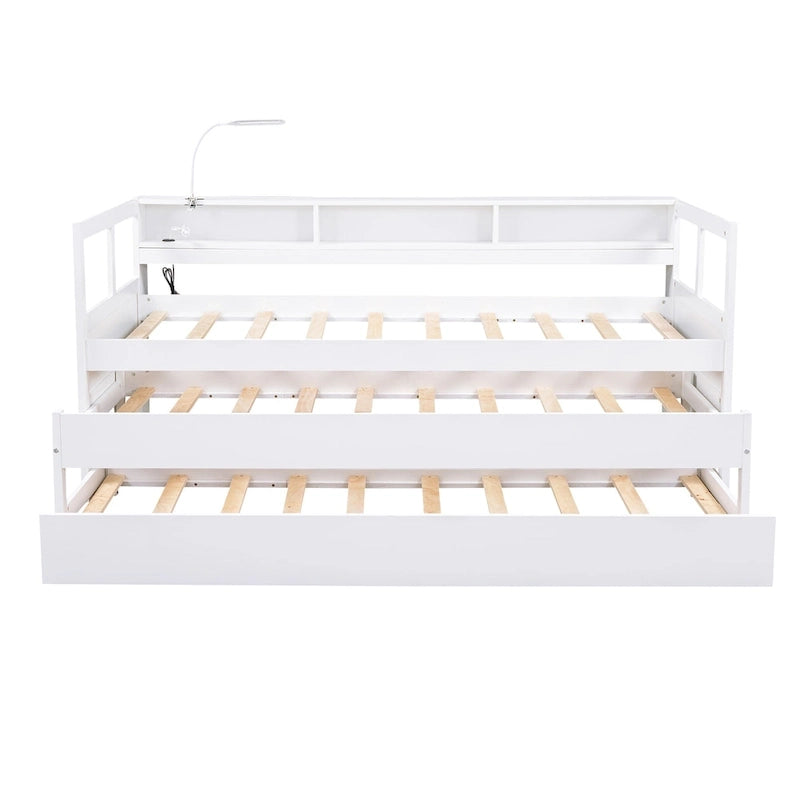 Daybed in legno Twin XL con 2 letti estraibili, 3 vani portaoggetti, 1 luce gratuita e design per la ricarica USB, grigio