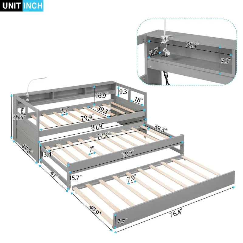 Daybed in legno Twin XL con 2 letti estraibili, 3 vani portaoggetti, 1 luce gratuita e design per la ricarica USB, grigio