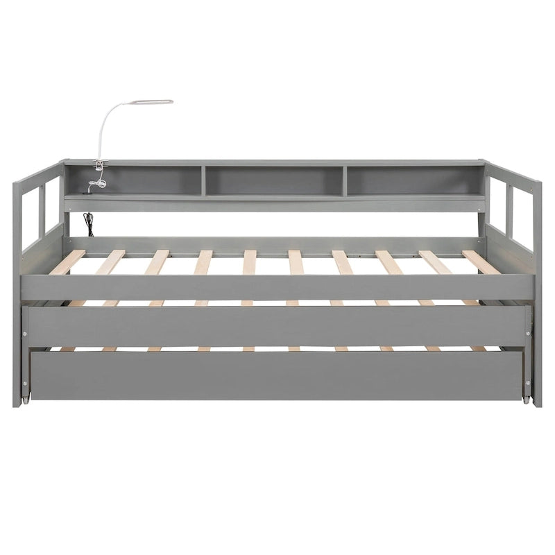 Daybed in legno Twin XL con 2 letti estraibili, 3 vani portaoggetti, 1 luce gratuita e design per la ricarica USB, grigio