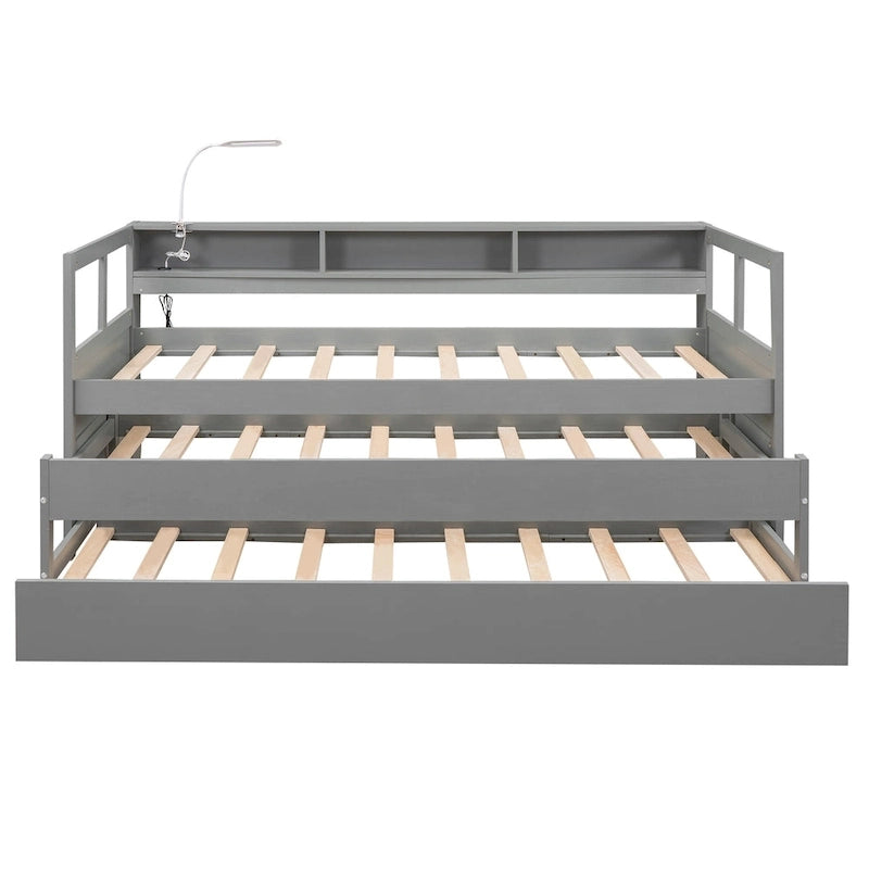 Daybed in legno Twin XL con 2 letti estraibili, 3 vani portaoggetti, 1 luce gratuita e design per la ricarica USB, grigio