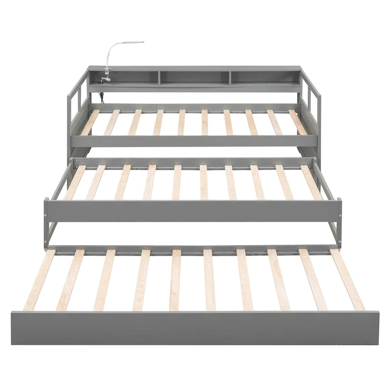 Daybed in legno Twin XL con 2 letti estraibili, 3 vani portaoggetti, 1 luce gratuita e design per la ricarica USB, grigio