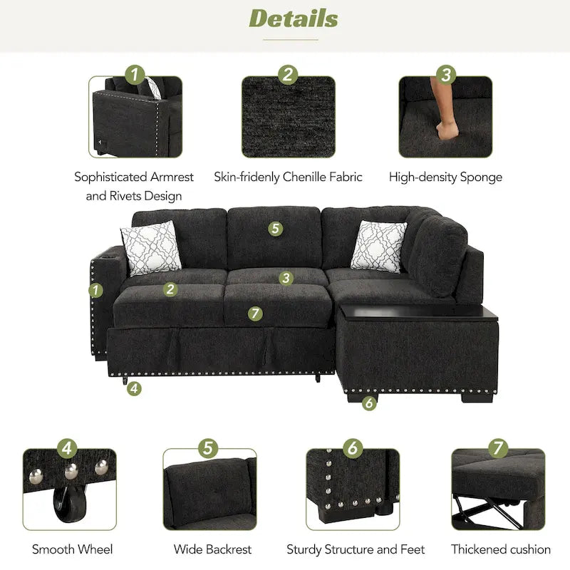 Canapé d'angle modulable en L de 212,8 cm avec lit gigogne, rangement, ports USB, prises de courant et porte-gobelet pour le salon