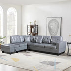 Set divano per soggiorno con chaise longue sinistra in similpelle e pouf contenitore