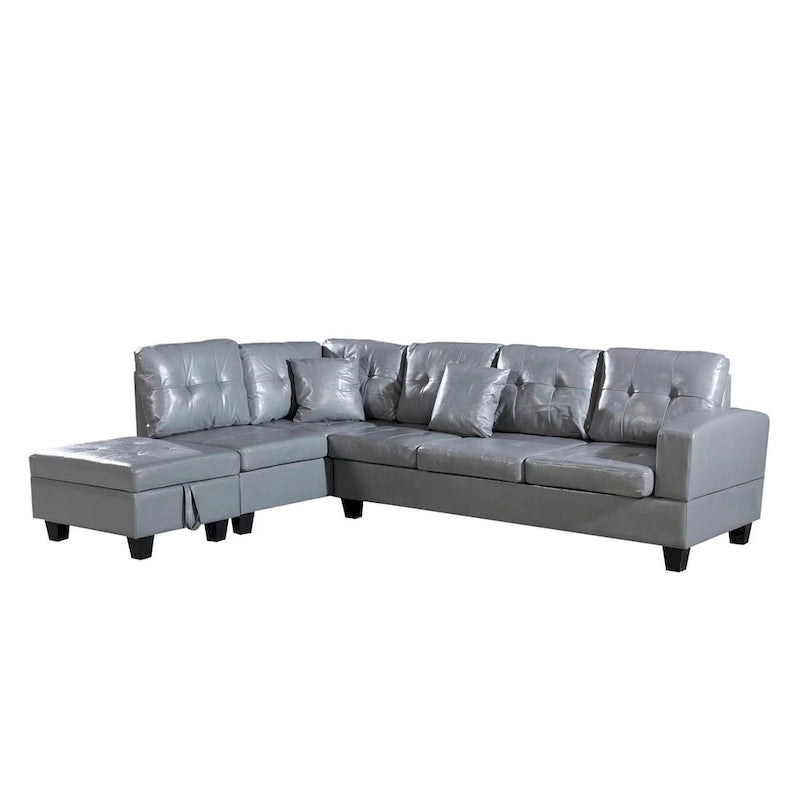 Set divano per soggiorno con chaise longue sinistra in similpelle e pouf contenitore