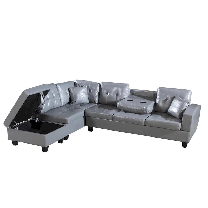 Set divano per soggiorno con chaise longue sinistra in similpelle e pouf contenitore