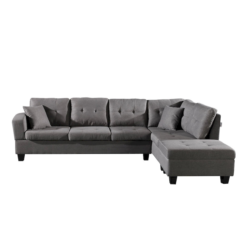 Set divano per soggiorno con chaise longue sinistra in similpelle e pouf contenitore