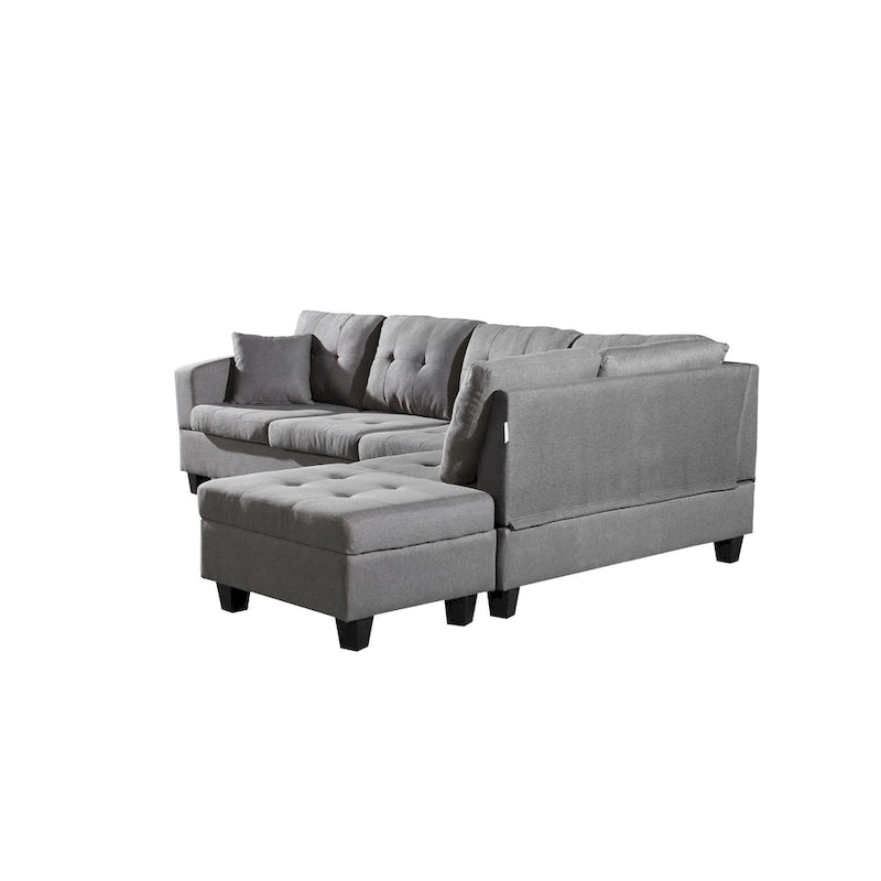 Set divano per soggiorno con chaise longue sinistra in similpelle e pouf contenitore
