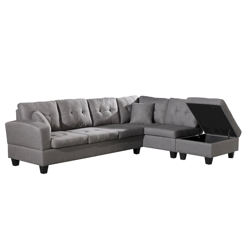 Set divano per soggiorno con chaise longue sinistra in similpelle e pouf contenitore